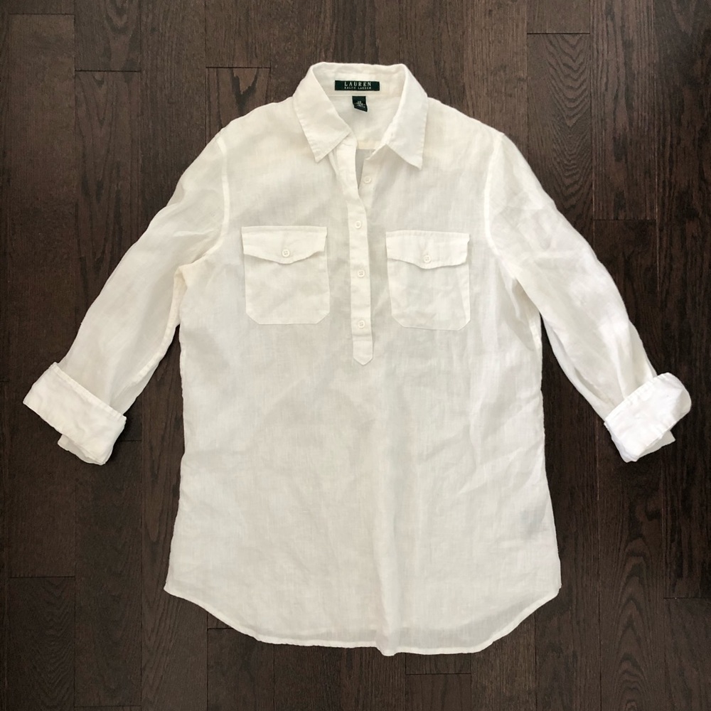 Ralph Lauren White Linen Long Sleeve Top